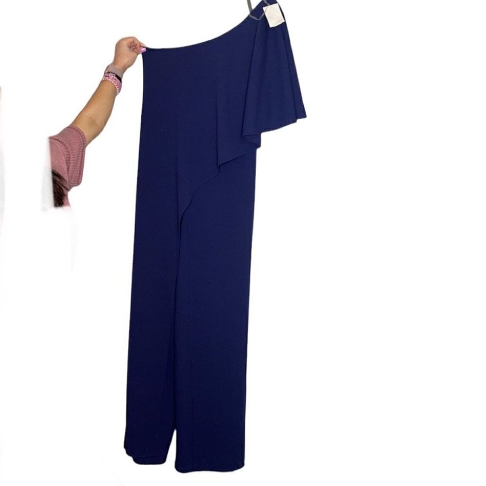 Navy Ruffle One-Shoulder Jumpsuit Marina - Picture 2 of 7